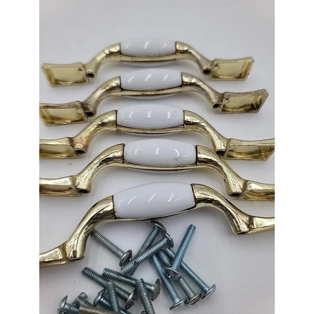 5 VTG Brass Gold Metal & Porcelain Drawer Pulls Cabinet‎ Handles Square White 3